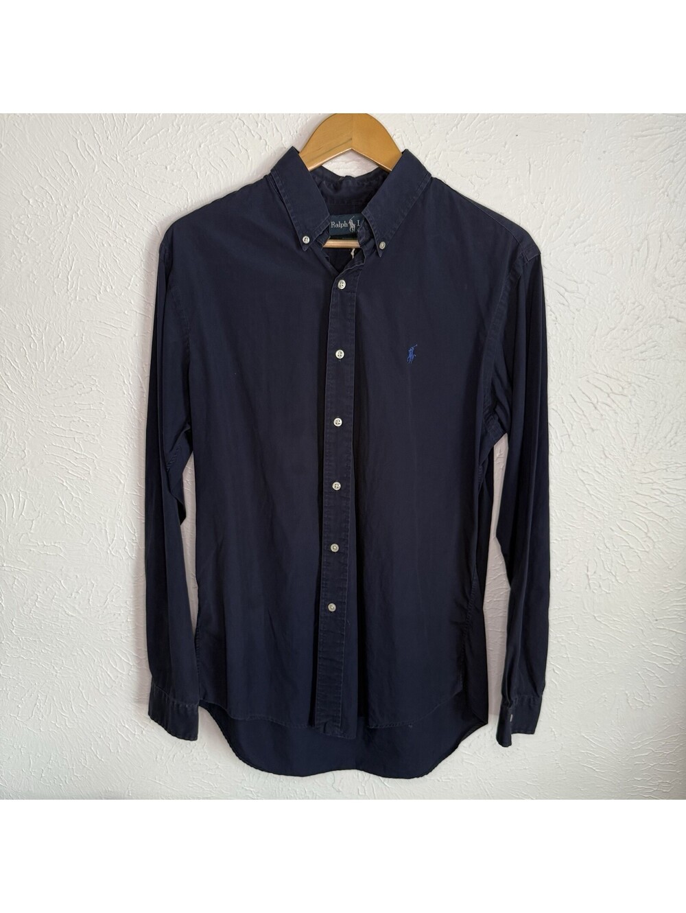 Vintage Polo Ralph Lauren Mens Navy Blue Solid Long Sleeve Button Shirt Pony L